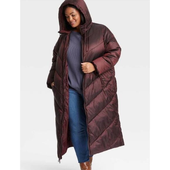 Ava & Viv Women’s Plus Size Winter Puffer Long 2-Way Zip Front Burgundy Coat 2X - Picture 4 of 16